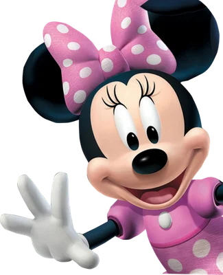 Hình ảnh Minnie Mouse hoạt hình đáng yêu với nơ hồng chấm bi, vẫy tay chào trên nền xám.
