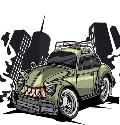 Hình minh họa xe ô tô cổ Volkswagen Beetle biến hình thành quái vật với răng nhọn trên nền thành phố