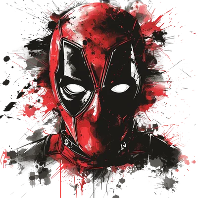 Hình ảnh Deadpool với mặt nạ đỏ đen, mắt trắng, hiệu ứng vệt sơn và vết mực bắn tung tóe trên nền xám.