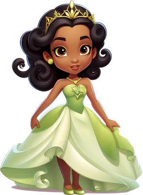 Hình ảnh công chúa Tiana phiên bản chibi với làn da nâu, tóc xoăn đen, đội vương miện vàng và mặc váy xanh lá cây.