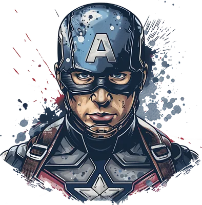 Hình minh họa Captain America với mũ và mặt nạ, biểu cảm nghiêm nghị, phong cách truyện tranh, nền xám với vết mực bắn