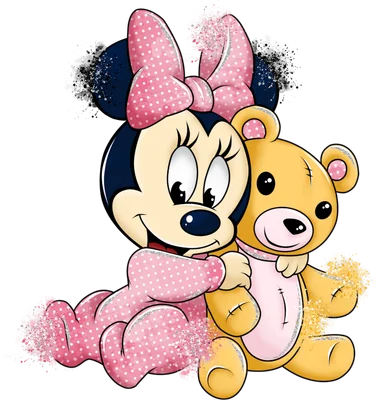 Hình ảnh hoạt hình Minnie Mouse bé con mặc đồ hồng chấm bi ôm chặt một chú gấu bông màu vàng