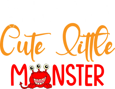 Hình ảnh chữ 'BEWARE Cute Little MONSTER' với hình nhện, mạng nhện, bí ngô và quái vật nhỏ màu đỏ.