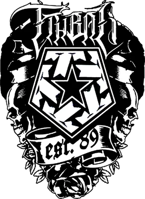 Logo "Tribal" đen trắng với biểu tượng ngôi sao, đầu lâu hai bên, dải băng "est. 89" và hoa hồng.