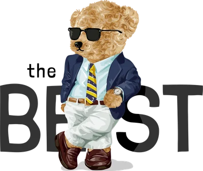 Hình minh họa gấu Teddy đeo kính râm, mặc vest xanh, cà vạt sọc vàng xanh, quần trắng, giày nâu, đứng tựa với chữ 'the BEST' trên nền xám.