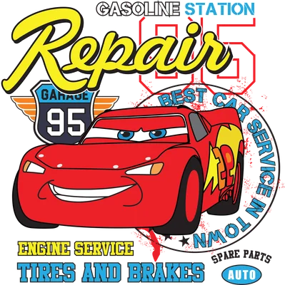 Hình ảnh xe đua Lightning McQueen màu đỏ với biểu cảm vui vẻ, xung quanh có các chi tiết về garage và sửa chữa xe.