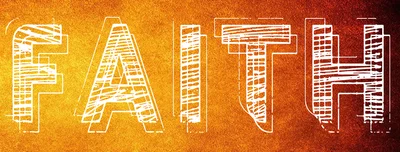 Chữ FAITH được vẽ bằng nét trắng phác thảo trên nền màu vàng cam có hiệu ứng vân gỗ.