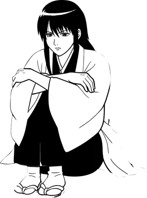 Hình vẽ nhân vật anime nam tóc đen dài, mặc kimono trắng, quần đen, ngồi co chân với vẻ mặt buồn.
