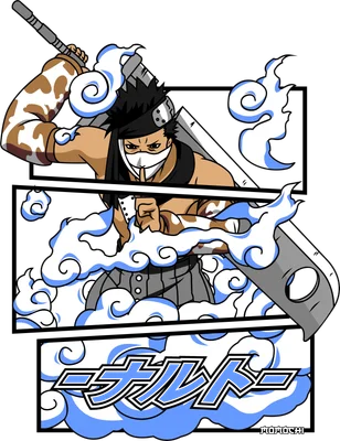 Hình vẽ Zabuza Momochi từ Naruto, cầm đại đao, bao quanh bởi mây trắng, có chữ Nhật Bản.