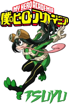 Nhân vật Tsuyu Asui trong trang phục xanh lá, lè lưỡi, từ anime My Hero Academia.