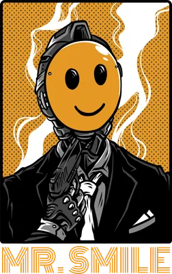 Hình vẽ robot mặt cười đeo suit, cầm súng, phong cách cyberpunk, có chữ MR. SMILE