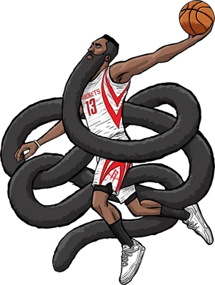 Hình vẽ James Harden đang chơi bóng rổ, với bộ râu dài và đen quấn quanh cơ thể như xúc tu.