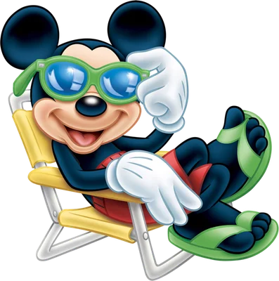 Mickey Mouse hoạt hình đang nằm thư giãn trên ghế bãi biển màu vàng, đeo kính râm xanh lá cây và dép xỏ ngón.