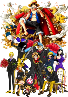 Nhóm nhân vật anime One Piece đứng quanh kho báu vàng, Luffy đội mũ rơm, mặc áo choàng đỏ.
