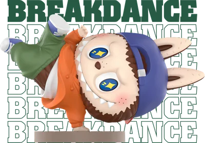 Hình ảnh nhân vật hoạt hình đội mũ xanh, áo cam và xanh lá cây đang thực hiện động tác breakdance trên nền đen.