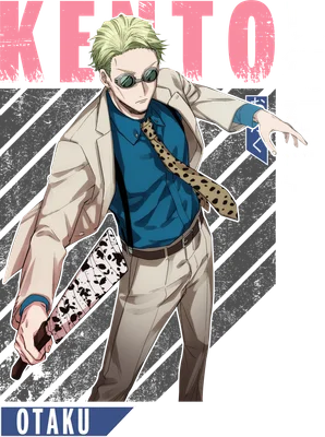 Hình vẽ nhân vật anime Nanami Kento trong bộ vest lịch lãm, đeo kính, cầm vũ khí.