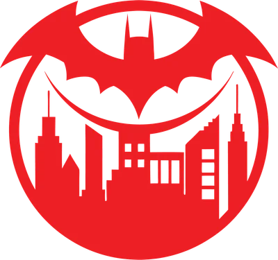 Biểu tượng Batman màu đỏ với hình ảnh thành phố Gotham thu nhỏ bên trong, trên nền xám.
