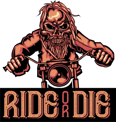 Hình ảnh minh họa đầu lâu biker đội tóc dài, râu rậm, đang lái xe máy, với chữ 'RIDE OR DIE' bên dưới.
