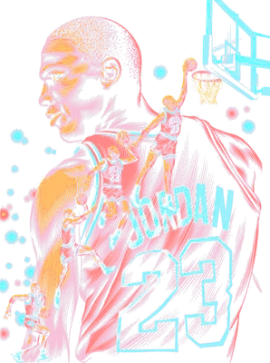 Hình ảnh Michael Jordan đang thực hiện cú úp rổ, với các phiên bản nhỏ hơn của anh ấy ở phía trước, trên nền xám.