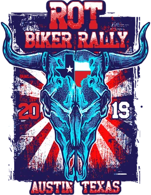 Hình in đầu lâu bò tót phong cách biker rally với cờ Texas, thiết kế vintage bụi bặm