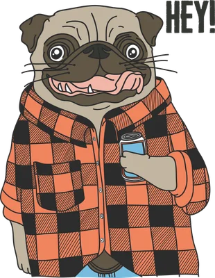 Hình minh họa chó Pug hài hước mặc áo sơ mi kẻ caro cầm lon nước, phong cách hoạt hình