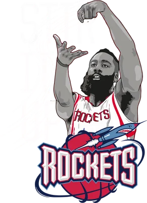 Hình ảnh James Harden của đội Rockets trong phong cách hoạt hình, đang thực hiện động tác ném bóng, với dòng chữ "Stir It Up" và logo Rockets.