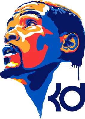 Hình ảnh chân dung Kevin Durant với phong cách Pop Art, sử dụng các mảng màu lớn xanh dương, cam, đỏ và trắng.