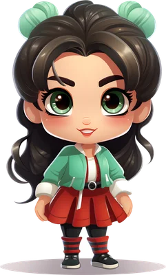 Hình vẽ cô bé chibi hoạt hình đáng yêu, tóc nâu búi hai bên, mắt xanh to tròn, mặc áo khoác xanh lá, váy đỏ và giày thể thao.