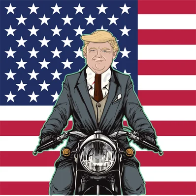 Hình minh họa Donald Trump trong bộ vest lái mô tô cổ điển, phía sau là lá cờ Hoa Kỳ với các sọc đỏ trắng và ngôi sao xanh.