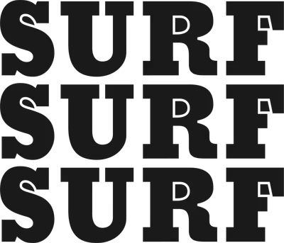 Họa tiết chữ "SURF" lặp lại theo hàng ngang và dọc, màu đen, font chữ vintage, nền xám.
