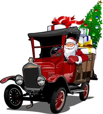 Ông Già Noel đội mũ đỏ, râu trắng, mặc áo đỏ, lái chiếc xe cổ màu đỏ chở đầy quà và cây thông Noel.