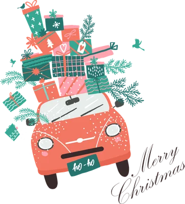 Hình minh họa xe hơi màu cam chở đầy quà Giáng sinh và cây thông, có chữ 'Merry Christmas'