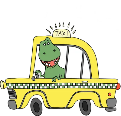 Hình minh họa khủng long xanh lá cây hoạt hình đang lái chiếc taxi màu vàng với dòng chữ 'See You Later' và 'TAXI' trên nóc.