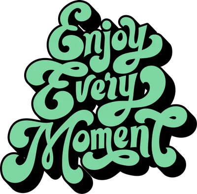 Chữ nghệ thuật retro "Enjoy Every Moment" màu xanh bạc hà với bóng đen trên nền xám.