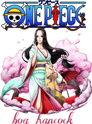 Hình ảnh Boa Hancock trong trang phục kimono truyền thống, với nền là cây hoa anh đào nở rộ và logo One Piece.