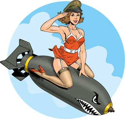 Hình minh họa cô gái pin-up trong trang phục đỏ, đội mũ quân đội, cưỡi quả bom có hình miệng cá mập, nền trời xanh.