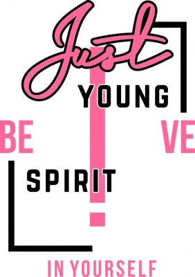 Hình in chữ Just Young Spirit với phông chữ lớn màu hồng, nền xám cùng các hình khối và đường kẻ đen trắng hiện đại.