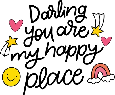 Hình ảnh chữ viết tay 'Darling you are my happy place' màu đen, kèm trái tim hồng, sao vàng, mặt cười và cầu vồng trên nền xám.