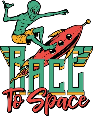 Hình minh họa người ngoài hành tinh xanh lá lướt trên tên lửa đỏ với dòng chữ "RACE To Space" phong cách hoạt hình.