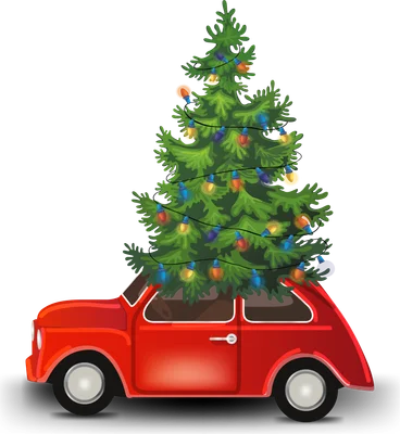 Hình minh họa xe hơi màu đỏ chở cây thông Noel được trang trí đèn nhấp nháy, nền xám.