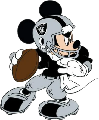Mickey Mouse trong trang phục cầu thủ bóng bầu dục Las Vegas Raiders màu xám đen, cầm quả bóng, sẵn sàng thi đấu.