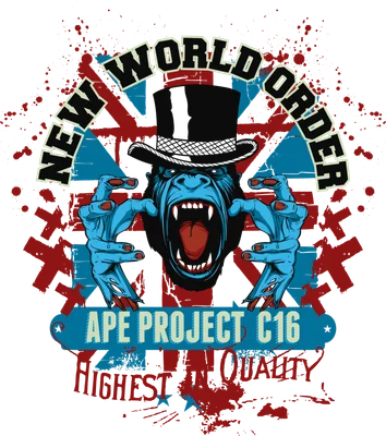 Hình ảnh khỉ đột đội mũ, hai tay giơ ra, miệng há lớn, với dòng chữ 'NEW WORLD ORDER' và 'APE PROJECT C16'