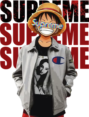 Hình vẽ nhân vật Luffy đội mũ rơm, đeo kính Supreme, mặc áo khoác xám có logo Champion, nền chữ SUPREME đỏ.