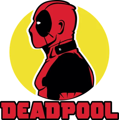 Hình ảnh Deadpool nhìn nghiêng, mặc trang phục đỏ đen, có chữ Deadpool bên dưới, trên nền xám và vòng tròn vàng.