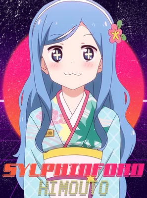 Hình ảnh cô gái anime tóc xanh mặc kimono, có hoa cài tóc, phong cách retro.