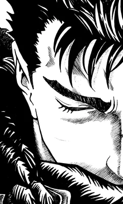 Chân dung cận mặt nhân vật Guts từ manga Berserk, nét vẽ đen trắng, thể hiện sự u sầu.