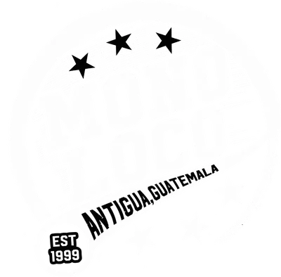 Hình in logo Mono Loco màu trắng trên nền xám, phong cách distressed với chữ lớn, ngôi sao và dòng chữ Antigua, Guatemala, EST 1999.