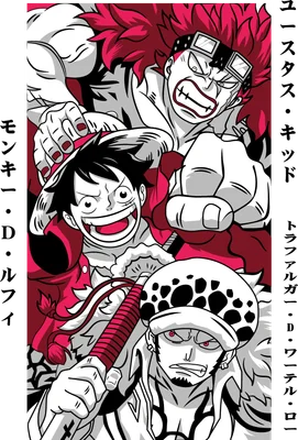 Hình ảnh minh họa ba nhân vật Monkey D. Luffy, Eustass Kid và Trafalgar D. Water Law từ bộ truyện One Piece, với phong cách vẽ anime mạnh mẽ và màu đỏ nổi bật.