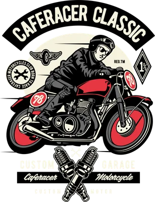 Hình minh họa tay đua mô tô Cafe Racer phong cách cổ điển với chi tiết động cơ và cờ lê