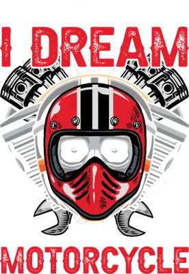 Hình minh họa mũ bảo hiểm xe máy và động cơ với dòng chữ I don't snore I dream I'm a motorcycle